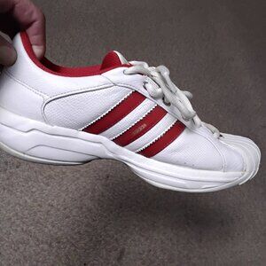 Vintage Adidas White Sneakers with Red Stripes Men's 10